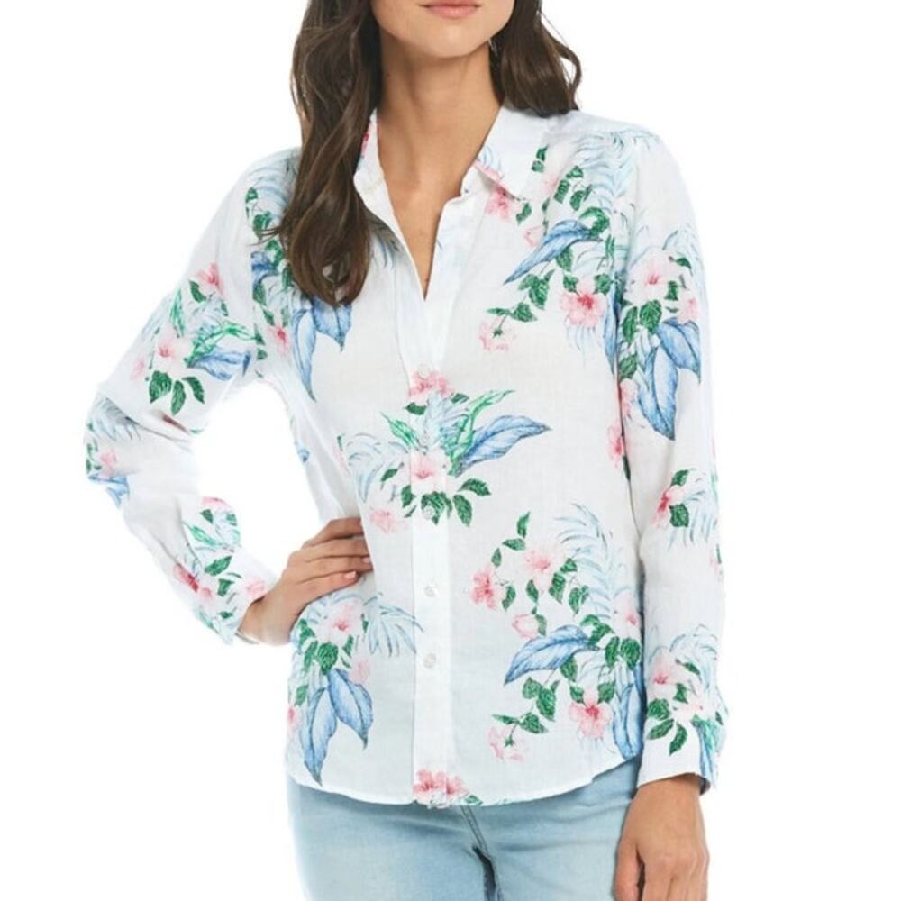 Tommy Bahama 100% Linen Flora Frond Long Sleeve Shirt Women XL